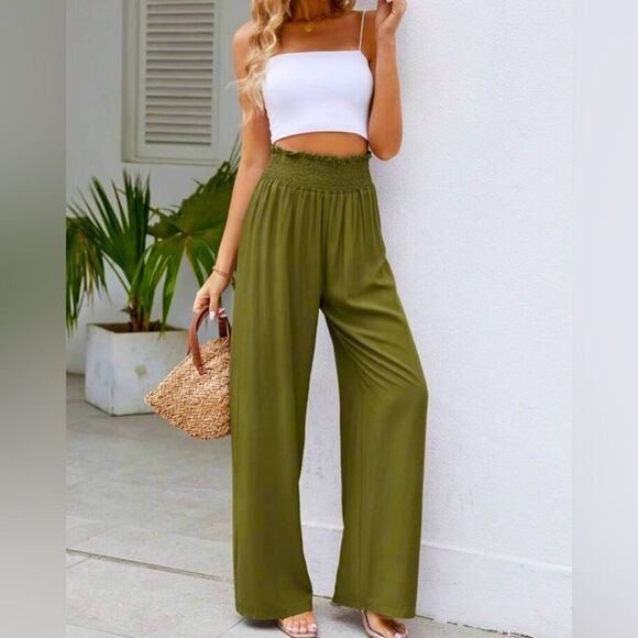 SHEIN Pants - Olive Wide-Leg Smocked Waist Pants - Women